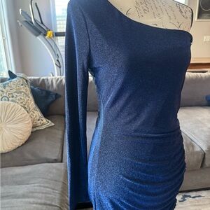 Lulu's Shimmering Navy One-Shoulder Dress